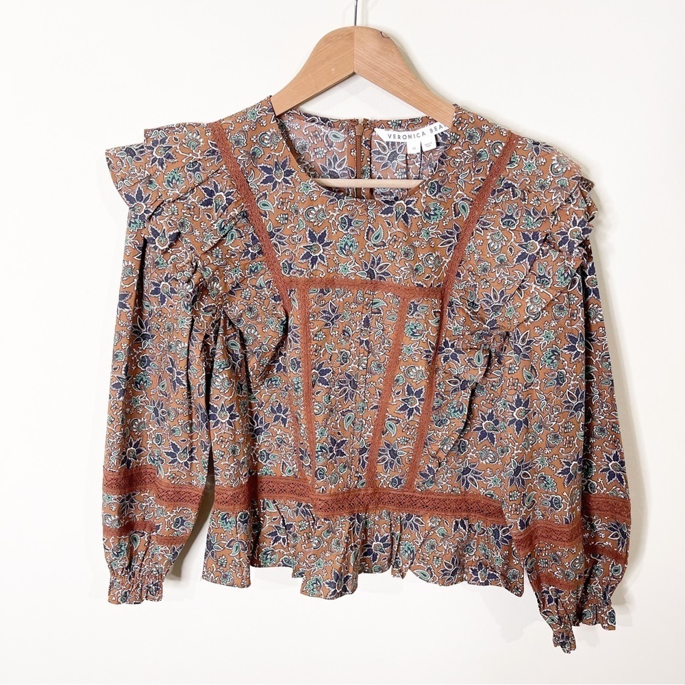 Veronica Beard Ruffle Balloon Sleeves Weslayan Blouse Top in Cinnamon Multi - Picture 4 of 10